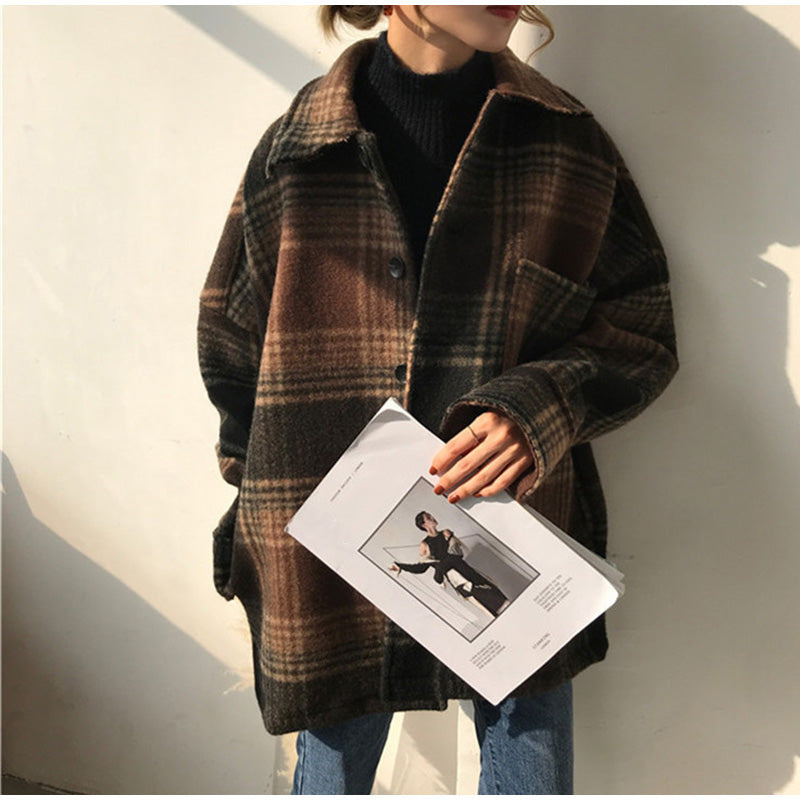 Coat Female Women&#039;s Winter Plaid Wool Blends Vintage Coat Jacket Check Batwing Sleeve Korean Woman Coats Outerwear Ladies