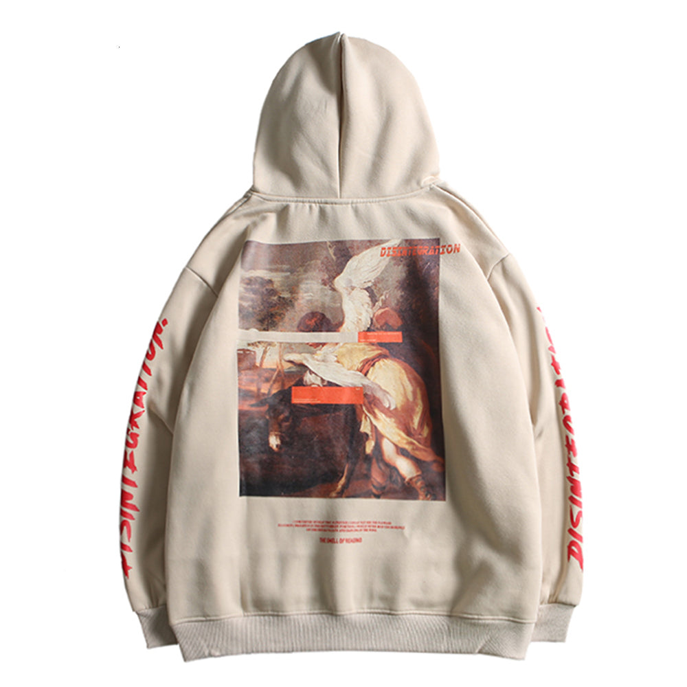 2021 Retro Angel Horse Graphic Hooded Pullover Sweatshirt Streetwear Men Cotton Beige Hoodie Hip Hop Kangaroo Pocket Spring New 7uc8