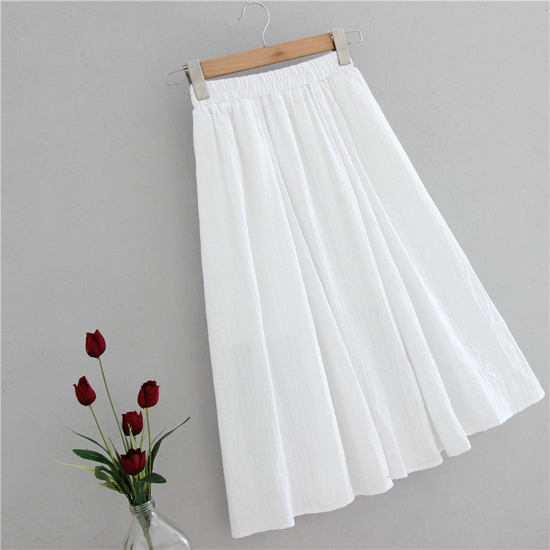 2021 Stretch High Waist Summer Midi Length White Cotton Skirts Jacquard Saia Women A-line Skirt Jupe Femme GGZH