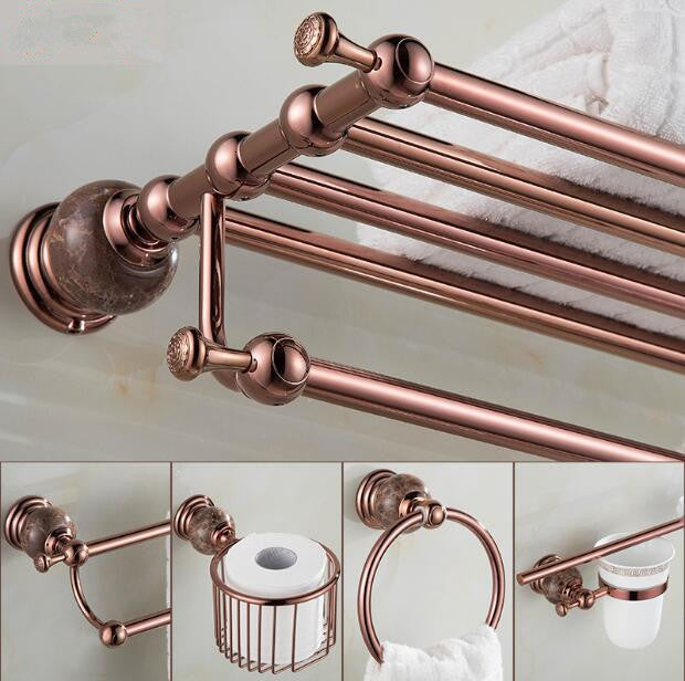 2021 New Brass and Jade Rose Gold Accessories Set,paper Holder,towel Bar,soap Basket,towel Rack,hook Bathroom Hardware Set Iyad