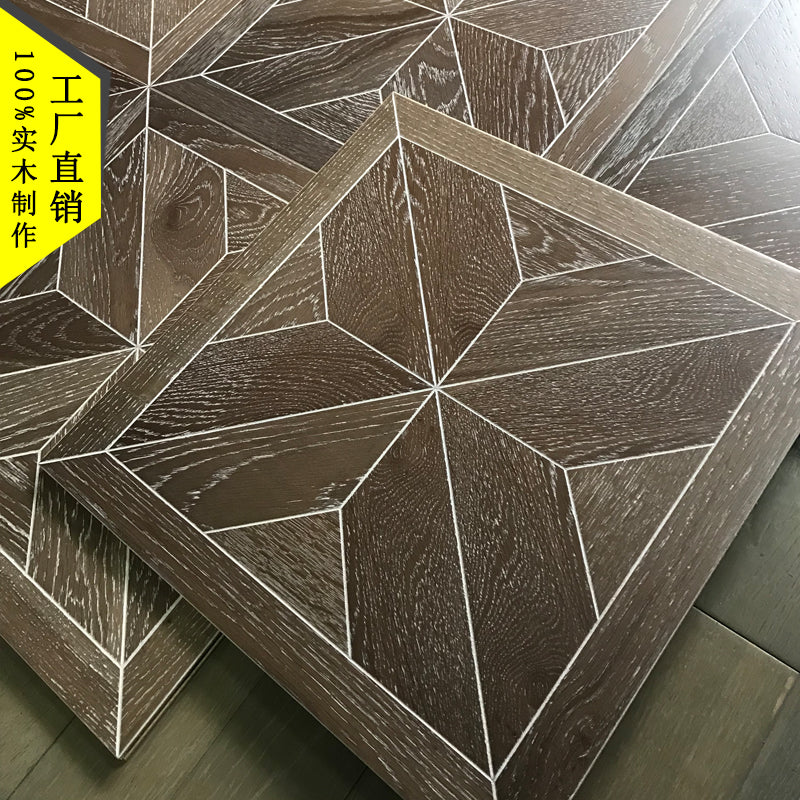 Dark color white oak parquet tile wood flooring underheating medallion work art set wall decal wallpaper ceramic living room