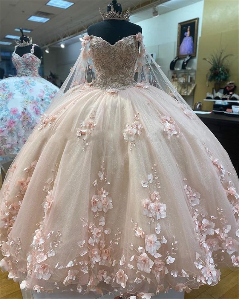 2021 Fabulous Pink Quinceanera Dresses Cinderella With Wraps Floral 3D Flowers Applique Pearls Lace-up Ball Gown Sweet 16 15 Girls Dress