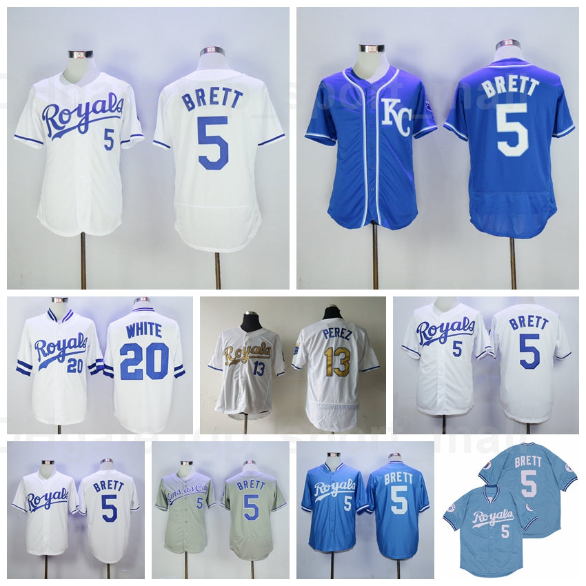 1983 1985 Retror Baseball Vintage 13 Mike Aviles Jersey 5 George Brett 20 Frank White Blue White Grey All Stitched Retire Team Cooperstown