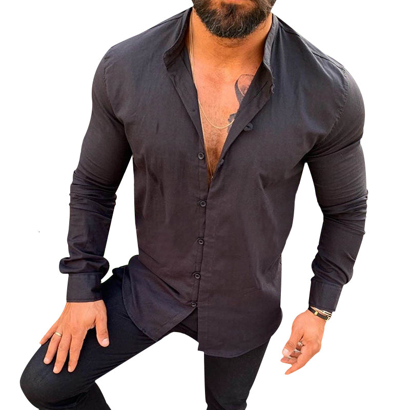 2021 Men&#039;s of Pure Color Cotton Button Shirt Slim Fit Hawaiian Social Blouses Masculine Black Sleeve Sheets Long Clothes L5ca