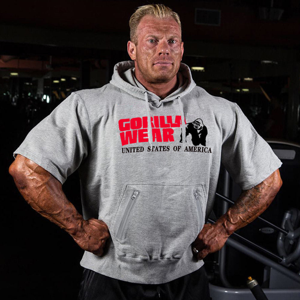 2021 New Gym Fitness Hoodie Men Short Sleeve Sweatshirt Bodybuilding Workout Cotton Pullover Male Casual Printed Tops Crossfit Clothing Cvwj