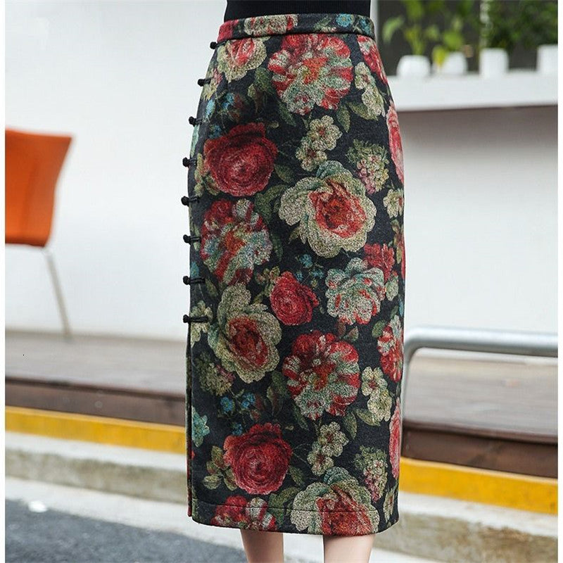 2021 Chinese Style Flower Wool Long Skirts for Women Vintage Elegant Midi Female High Waist Floral Printed Woolen Pencil Skirt H2uw