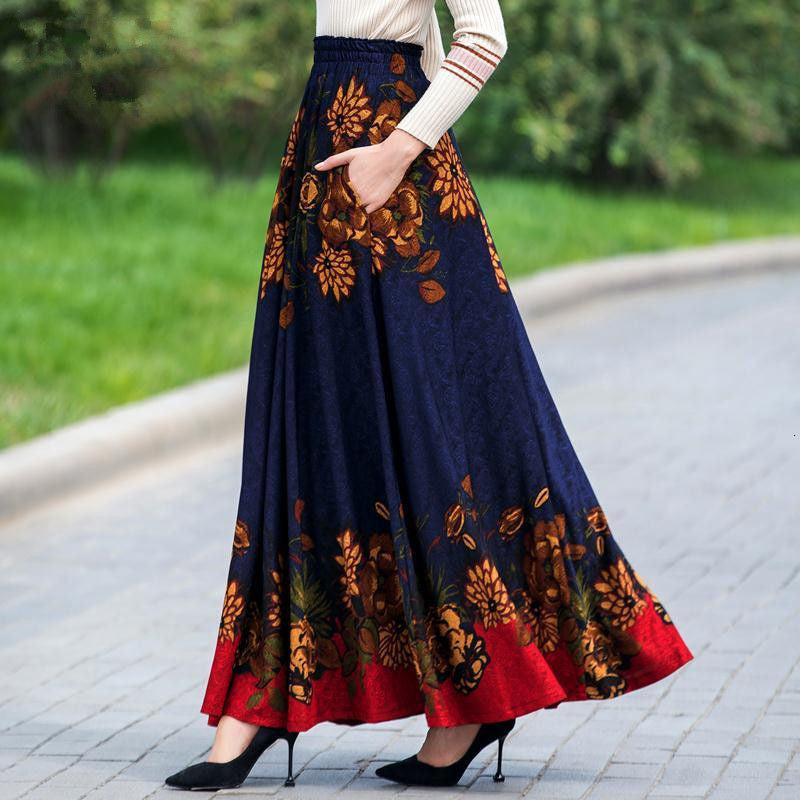 2021 Elegant Floral Print Waist Maxi Skirt Women Flower Vintage Long Pleated High Quality Female Plus Size Skirts Clothes Omz6