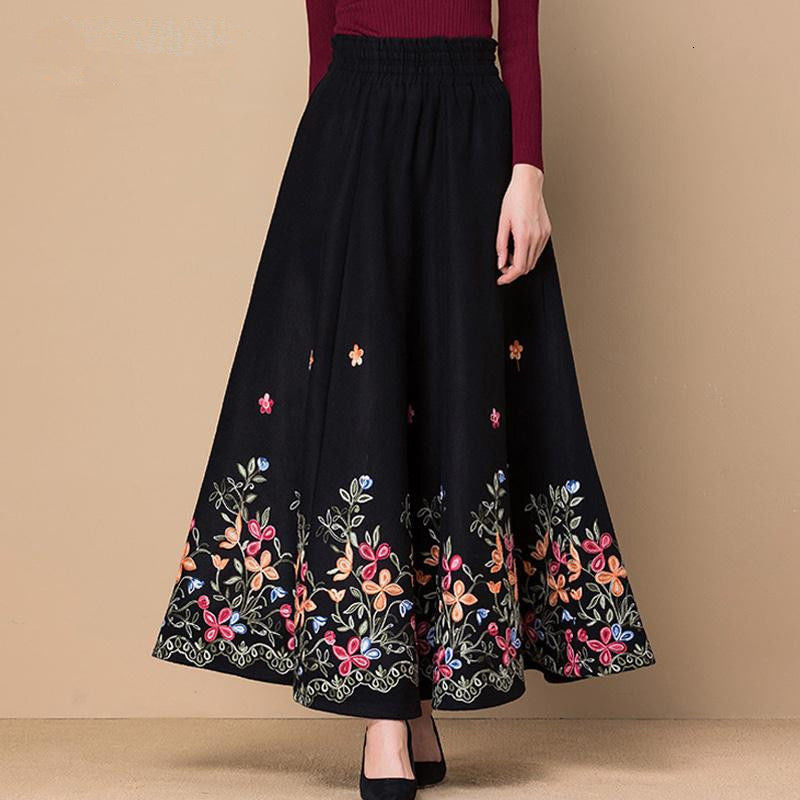 2021 Black Fllower Embroidered Woolen Maxi Women Elegant High Waist Casual Skirts Mom Fashion Plus Size Skirt Office Lady Wear Uav0