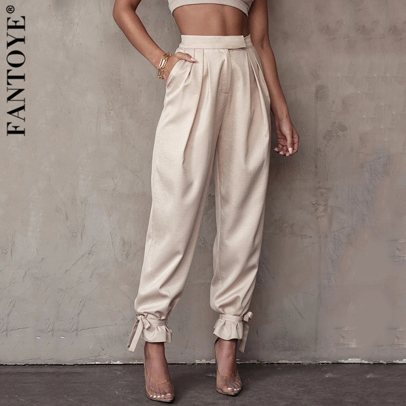 2021 New Satin Lace Up High Waist Harem Pants Women Autumn Pleated Loose Pockets Long Trousers Casual Office Ladies Pant B96z
