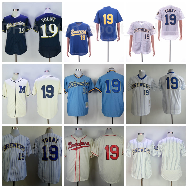 Retror 1913 1948 Vintage Baseball 19 Robin Yount Jersey Men Retire Pinstripe Pullover White Beige Navy Blue Team All Stitched Top Quality