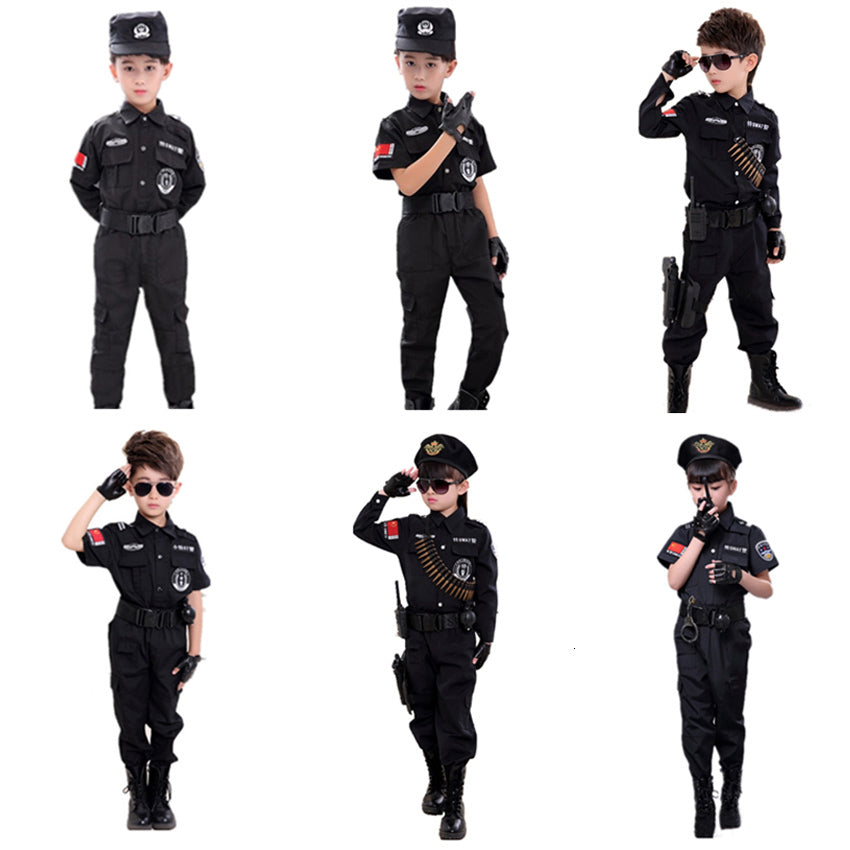2021 New Children Special Force Policemen Cosplay Costumes Halloween Role-play Cop Officer Uniform Swat Jacket Trousers Set with Cap Fb80