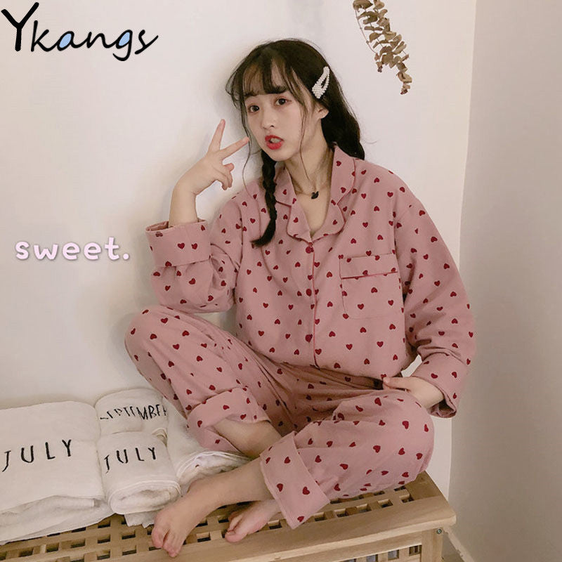 2021 Sweet Pink Women Pajamas Sets Pyjama Cute Cartoon Printed Button Top+long Pants 2pcs -lot Pijama Plus Size Sleepwear Lounge Wear Mwve