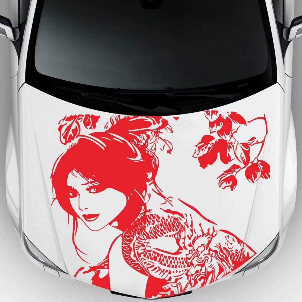 Japanese Girl Dragon Car Body Sticker Hood Pull Flower Decals