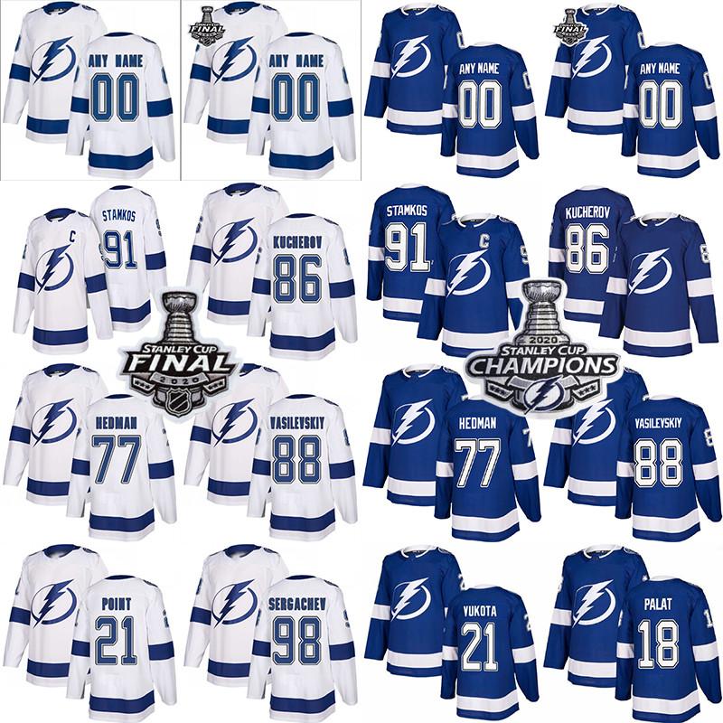 Tampa Bay Lightning 2020 Stanley Cup Champions Final Pacth 91 Steven Stamkos 77 Hedman 86 Nikita Kucherov 21 Point Hockey Jerseys