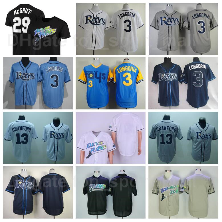 Men Retror 1988 Vintage Baseball 13 Carl Crawford Jersey 66 Don Zimmer 3 Evan Longoria 19 Aubrey Huff 29 Fred McGriff Stitched Retire