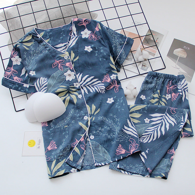 2021 Summer New Ladies V-neck Cardigan+pants Pajamas Set Printed Women Comfort Sleepwear Soft Thin Homewear with Chest Pad L770