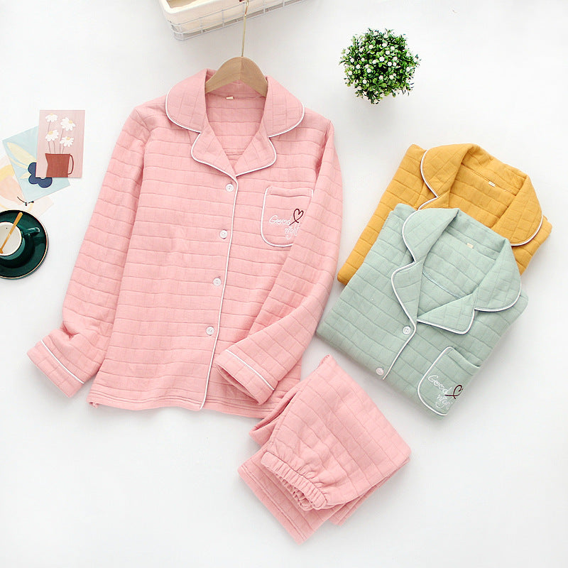 2021 Japanese New Style Autumn and Winter Ladies Warm Pajamas Simple Large Size Air Layer Suit Candy Color Home Service Set Women Rr63