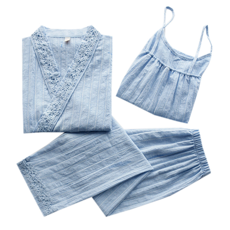 2021 New Japanese-style Kimono Spring and Autumn Cotton Female Long-sleeved Trousers Suspenders Three-piece Home Wear Pajamas Suit Summer Zv