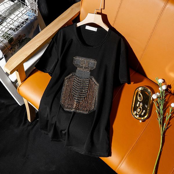 Summer street style European extra large size 120kg hot Diamonds Perfume bottle pattern short sleeve t-shirt women loose tops 210306
