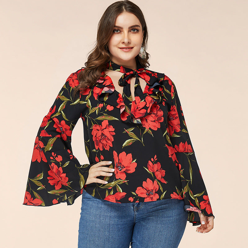 2021 New Woman Floral Blouses with Ruffles Autumn Winter Lady Long Flare Sleeves Tops Plus Size Shirts European Womenswear Vintage U7m2