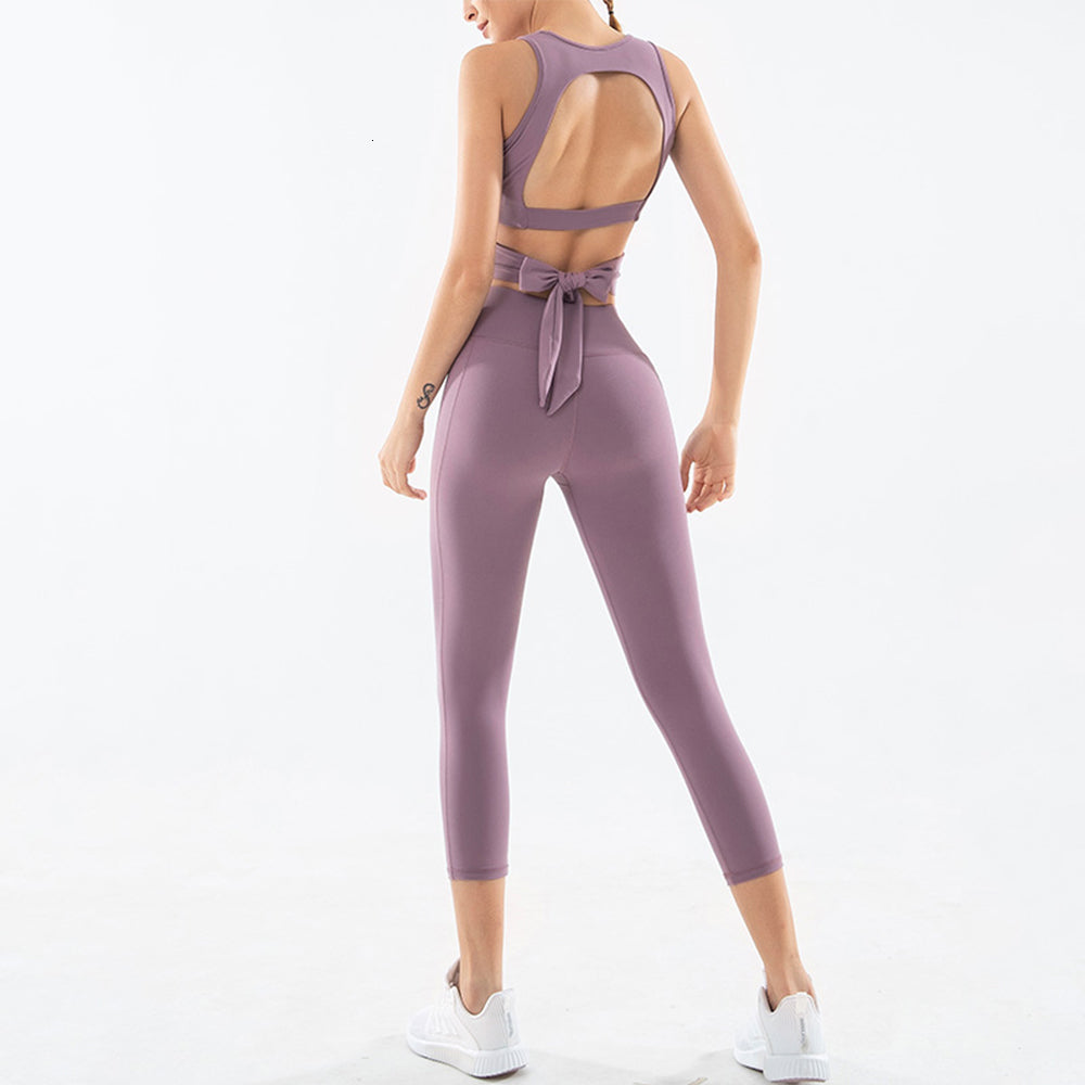 2021 New Purple Pink Green High Waist Sport Suit for Woman Fitness Leggings 2 Piece Set Workout Trousers Female Top Elegant Korea Style Bpt9