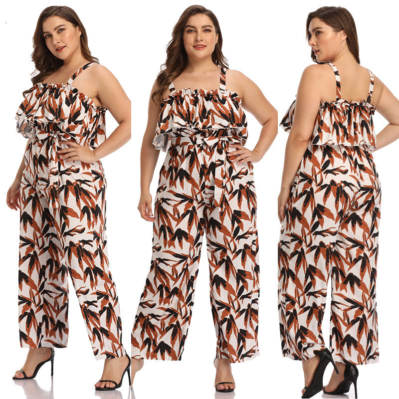 2021 New 19203 Plus Big Size Female Summer Wide Leg Pants Casual l xl xxl 3xl 4xl Print Fat Jumpsuit Sashes Office Lady Backless One Set Sfh