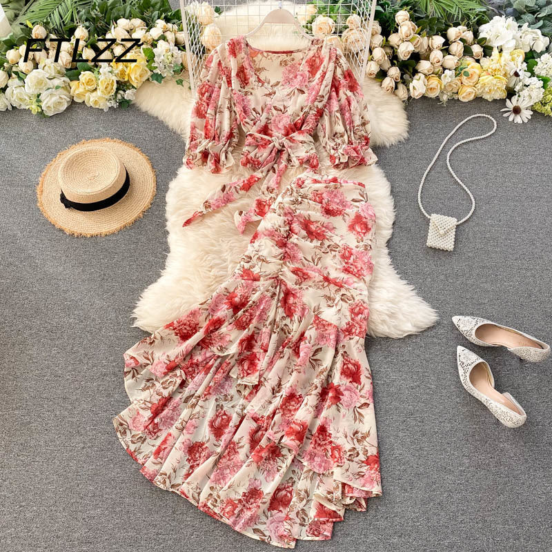 2021 New Summer Elegant Beach Two Piece Sets Women Fashion v Neck Bandage Blouse and Irregular Skirts Outfits Clothes Ladies Floral Suits Q1
