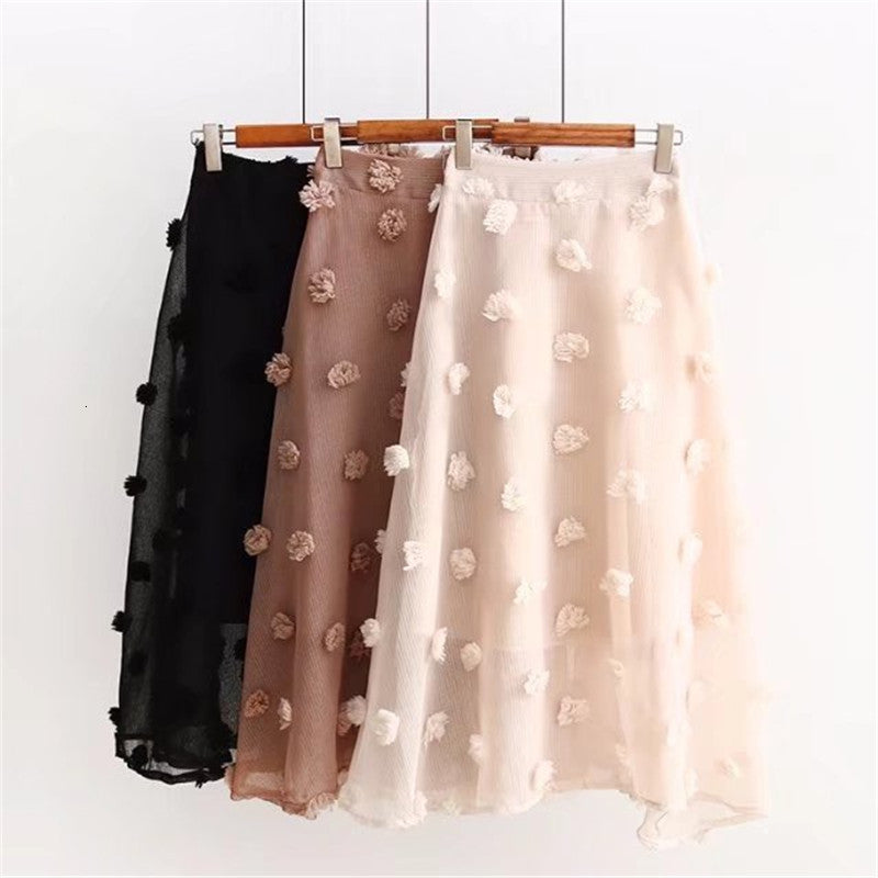 2021 New Women&#039;s Spring Summer Vintage Skirts Party Fashion Women Tulle Dot Black Lolita Elastic High Waist Long Pleated Skirt Spt6