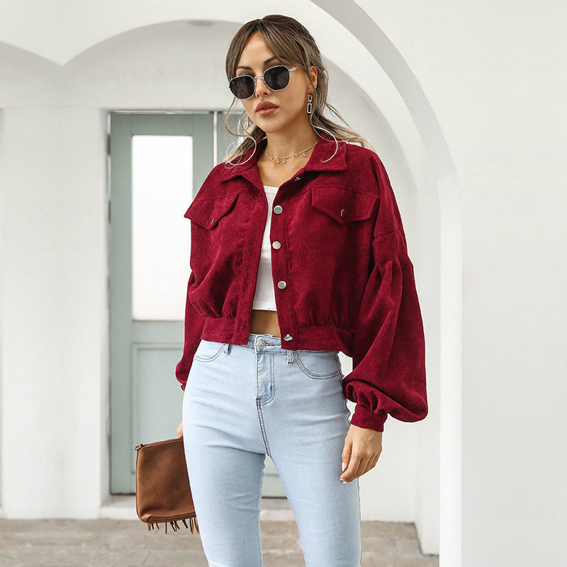 2021 New Short Corduroy Jacket Women Autumn Winter Lantern Sleeve Turn Down Collar Jaket Coat Female Outerwear Chic Tops Kuen
