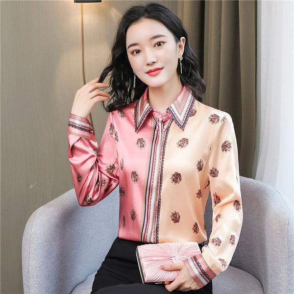 runway designer silk satin shirt long sleeve contrast color spring autumn winter womens luxury tops elegant office ladies printed blouses La