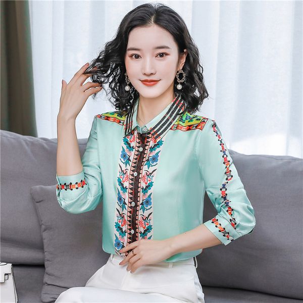runway luxury retro silk satin shirt long sleeve spring autumn winter womens designer button tops slim office ladies printed blouses 2023 Ba