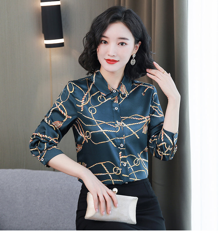 elegant printed satin silk shirt plus size spring fall winter long sleeve runway womens tops business office ladies designer blouses 2023 Girl Back