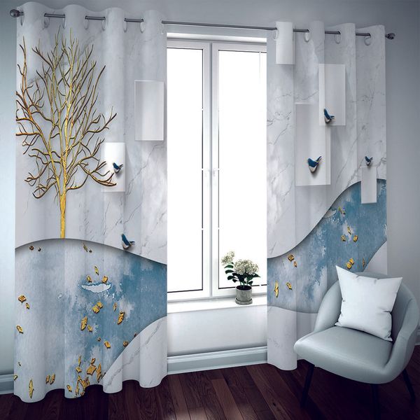 customize Modern Curtain Window Marble geometric branch Curtains For Living Room Bedroom Curtains Silk Blackout Shading