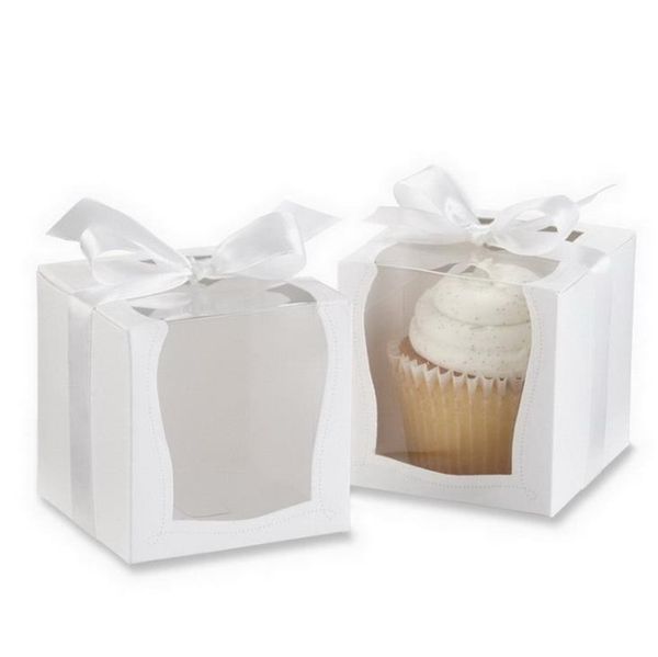 Wholesale- Gift Box Paper Craft 9*9*9cm Single Cupcake Boxes With Insert and Ribbon Bow Wedding Supplies SN5229