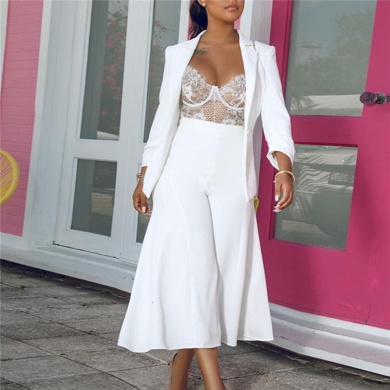 2021 New White 2 Piece Sets Office Lady Blazer with Pantskirt Suit Sashes Elegant Women Jackets Trousers Wide Leg Culottes Modest Fashion 59