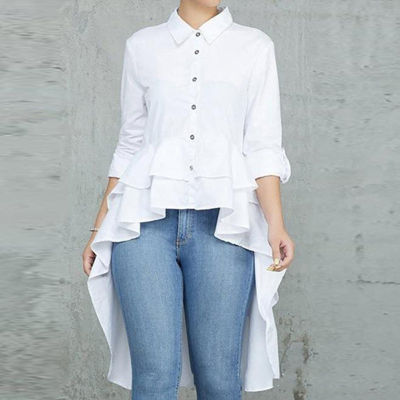 2021 New Women Shirt Ruffles Long Sleeves High Low Irregular Length Blouses Tops Casual Fashion Srping White Bluas Button Up Ladies Wear Sh2