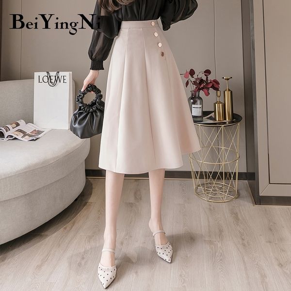 Beiyingni Swing Women Skirt Buttons Elegant Korean Casual Solid Color High Street Skirts Woman Spring Summer Saias Mujer Faldas 210309