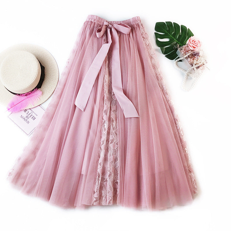 2021 New Boho Long High Waist Bowtie Decorated Lace Mesh Patch Women Skirts Pink Jupe Femme Tulle Skirt Saia Faldas Le13