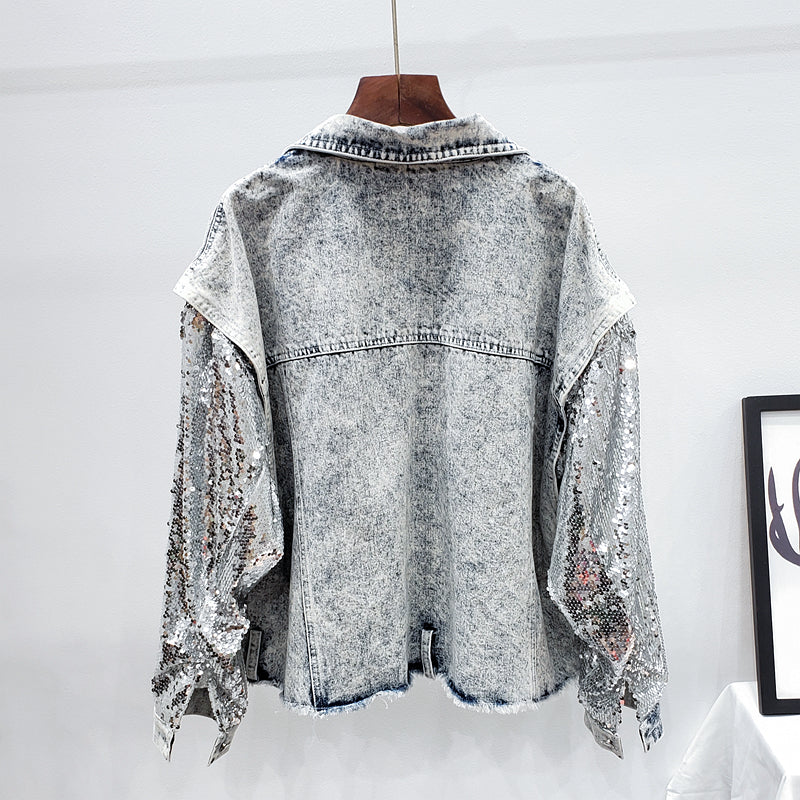 Oversized Loose Vintage Wash Sequins Stitching Sleeve Jeans Women Outerwear Chaqueta Mujer Short Denim Jacket Coat Female Ecs0