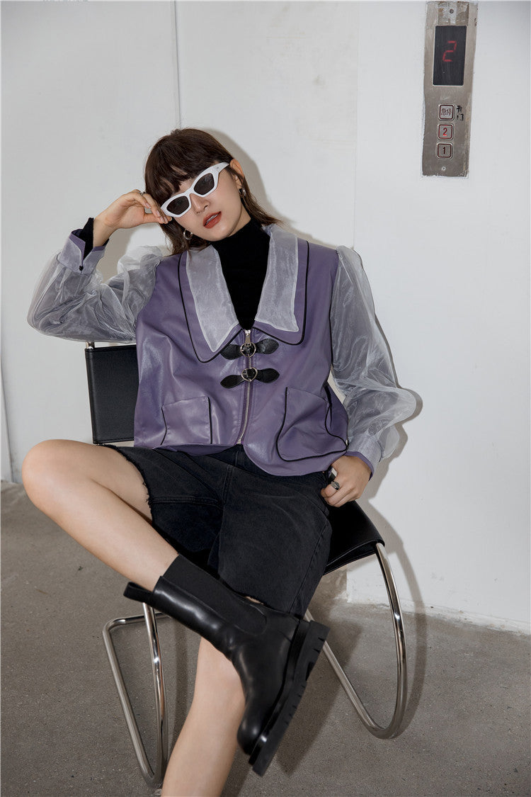 2021 New Purple Sleeve Woman Designer Coat Mesh Fuax Leather Fashion Jacket Women Autumn Outerwear Orzi