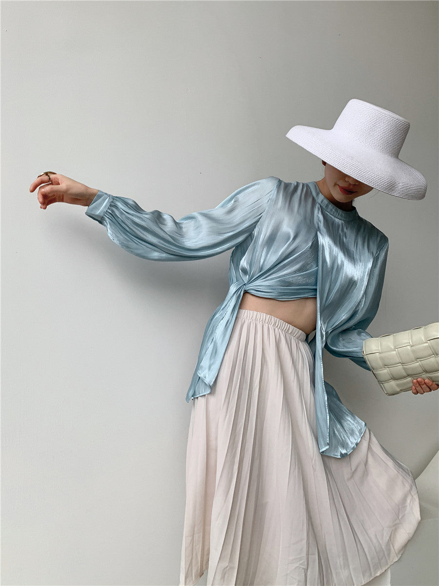 2021 New Aqua Blue Satin Long Sleeve Women Ruched Asymmetrical Ladies Blouse Glitter Top Korean Fashion Clothing Ny65