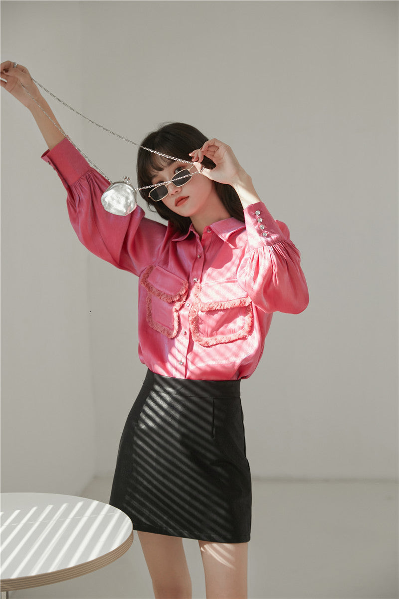 2021 New Watermelon Red Glitter Top Long Sleeve Blouse Women Button Up Collar Shirt with Pockets Designer Clothes Wlab