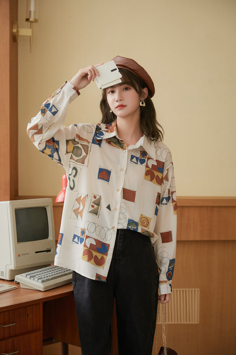 2021 New Vintage Aesthetic Long Sleeve Women Tops and Blouses Button Up Collar Print Loose Shirt Fall Fashion Clothes Nott