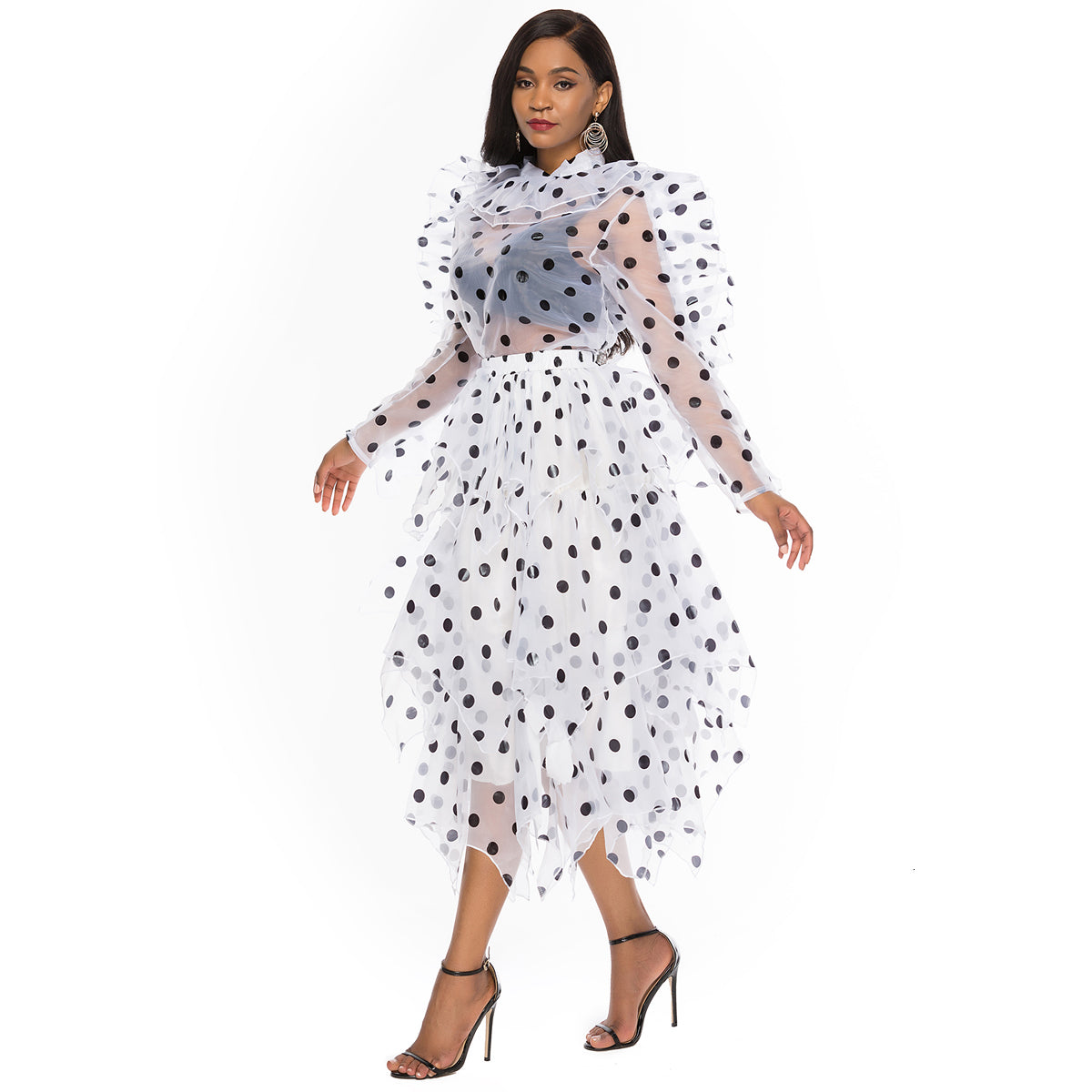 2021 New Women Blouse Skirts 2 Pieces Set Polka Dot Suits Ruffle Thin Transparent Shirts Elegant Tutu Jupes Cute Fashion Summer Plus Size Oi
