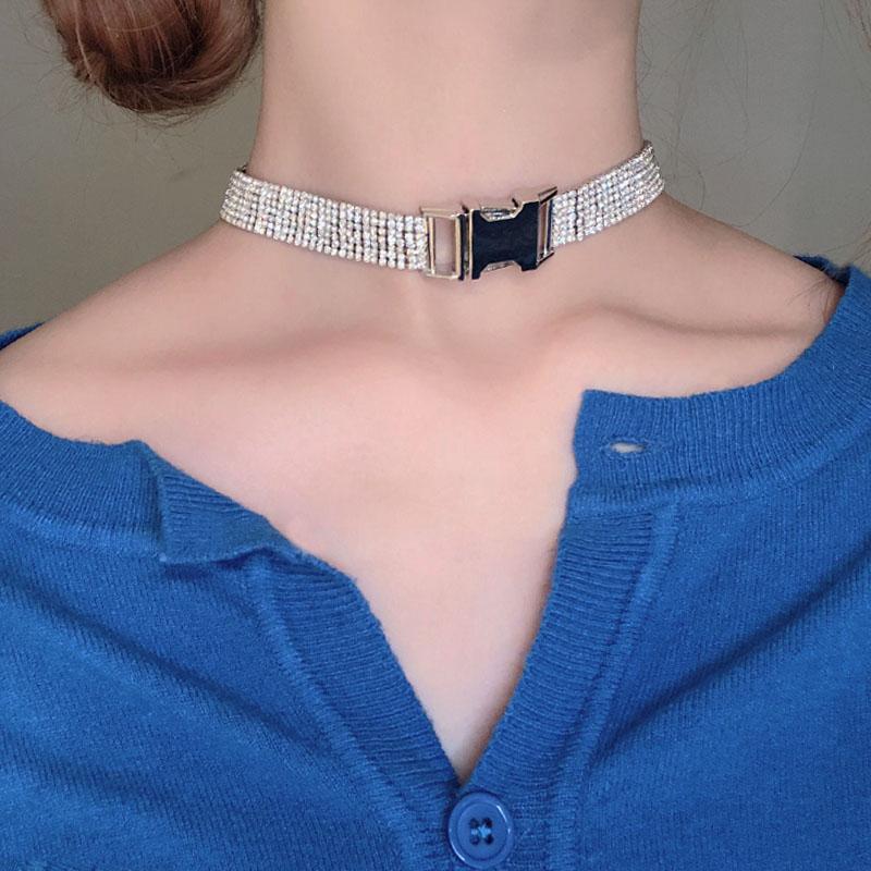 Chokers Luxury Full Crystal Rhinestones Wide Band Belt Buckle Short Choker Necklace White Gold Plated Silver Color Chain For Night Party