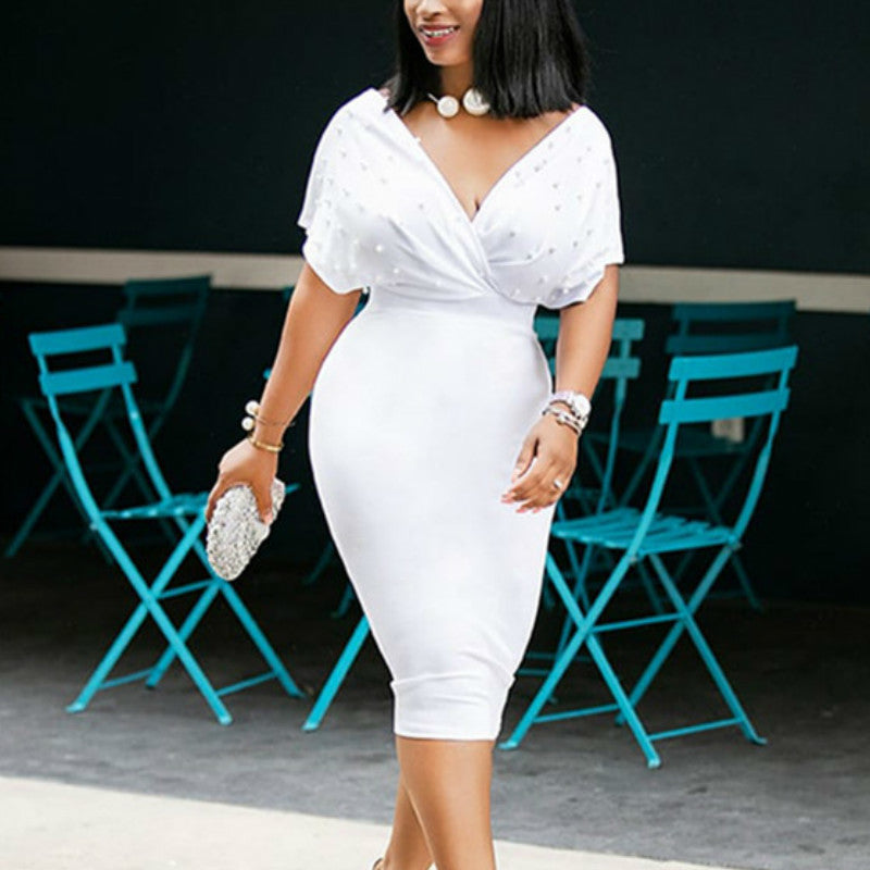 New 2021 Summer Slim Es Women v Neck with Bead Classy Lady Work Office Wear Bodycon Plus Size 3xl Elegant Modest Femme Clothes B14s