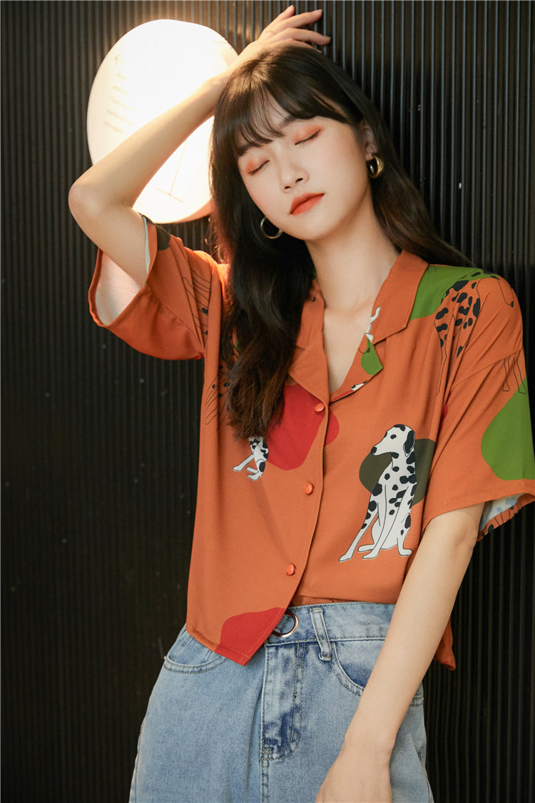 2021 New Dog Animal Print Korean Woman Shirts Casual Short Sleeve Lapel Button Up Summer Blouse Women Tops and Blouses Jovt