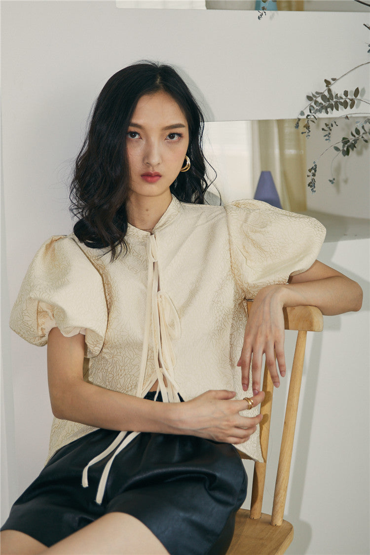 2021 New Vintage Jacquard Tie Front Crop Sleeve Women Tops and Blouses Summer Elegant Blouse Ladies Top Cnoe