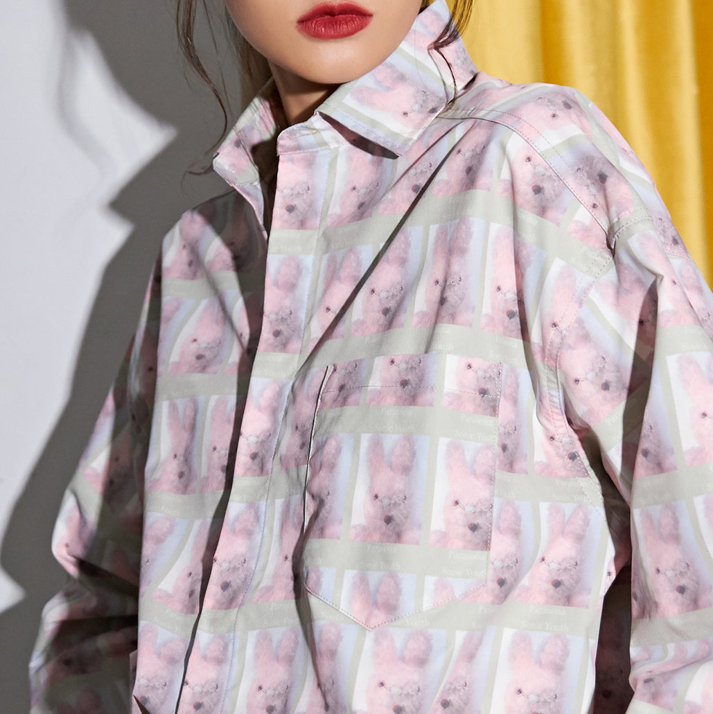 2021 New Pink Rabbit Print Plaid Women Long Sleeve Tops and Blouses Aesthetic Designer Harajuku Shirt Fashion Yc4n