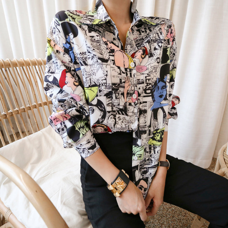 2021 New Graffiti Print Cartoon Womens and Blouses Long Sleeve Collared Shirt Ladies Tops Fall Streetwear 70g2